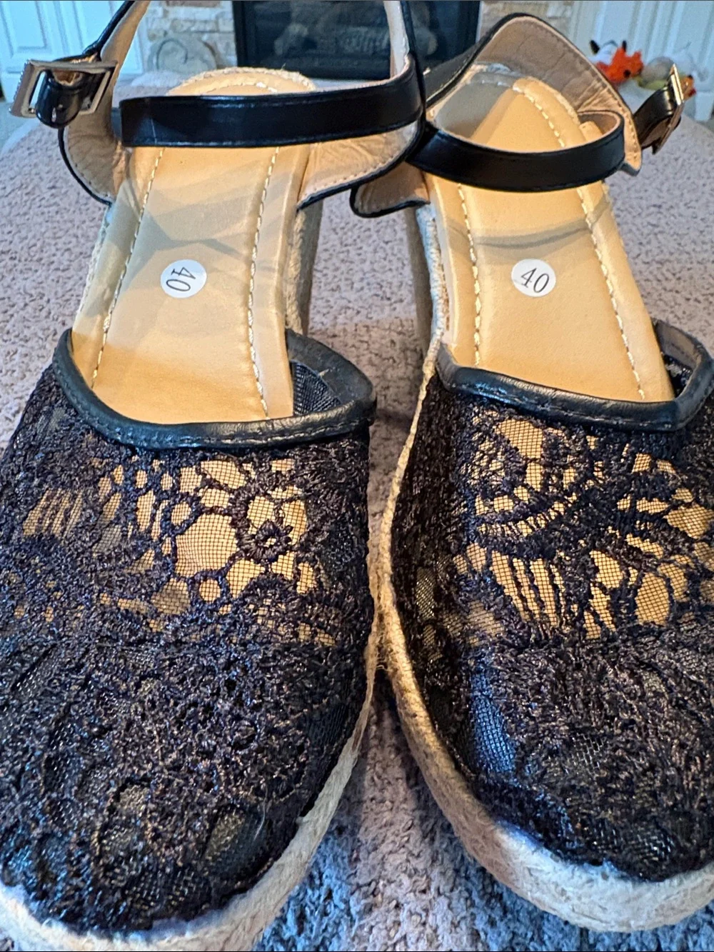 Black Lace Espadrille Wedge Sandals Size 9 EU 40 Whimsigoth Boho Glam